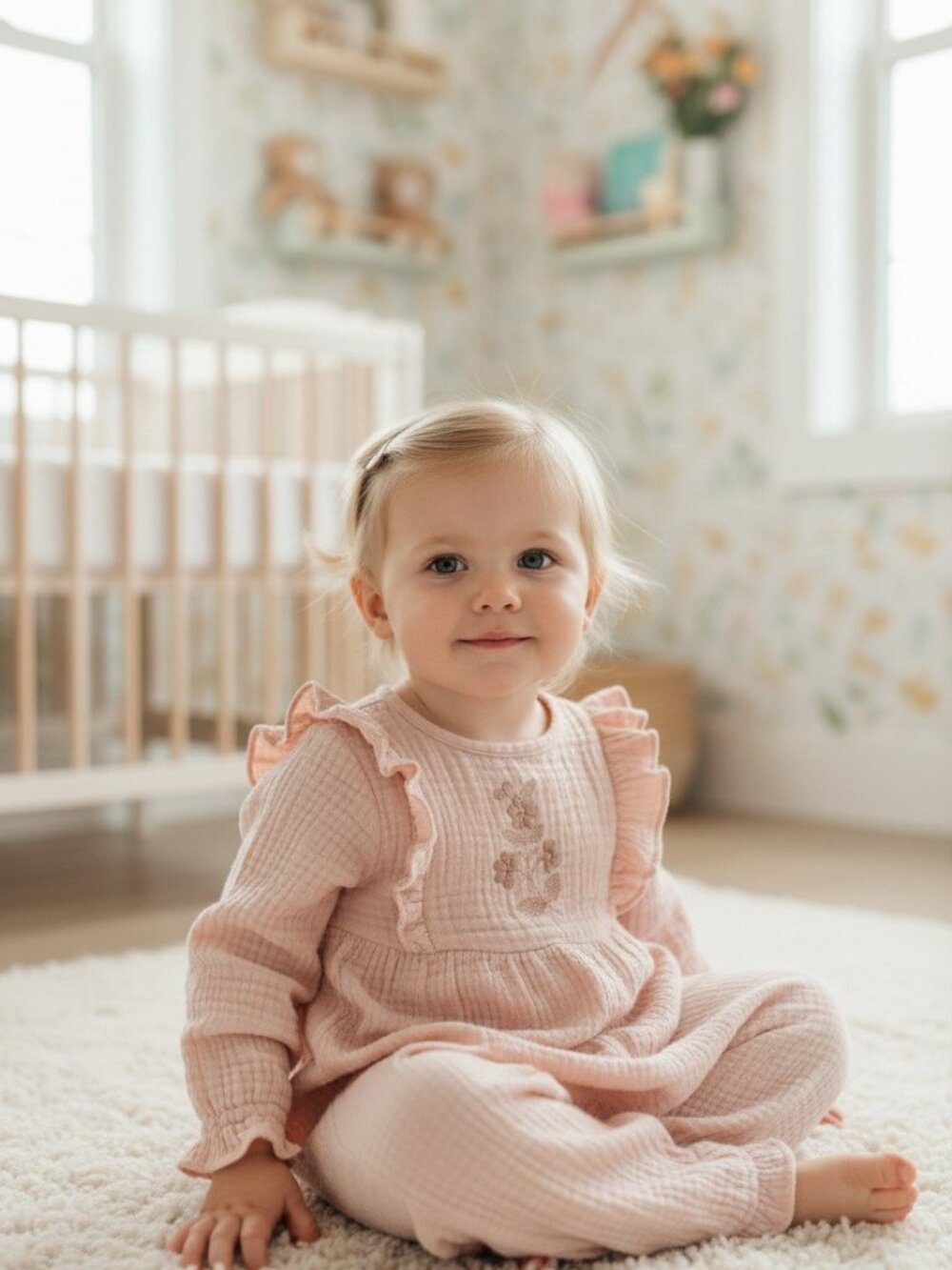 Elegant Baby Organics Blush Pink Muslin Ruffle Baby Romper Jumpsuit 3-6M